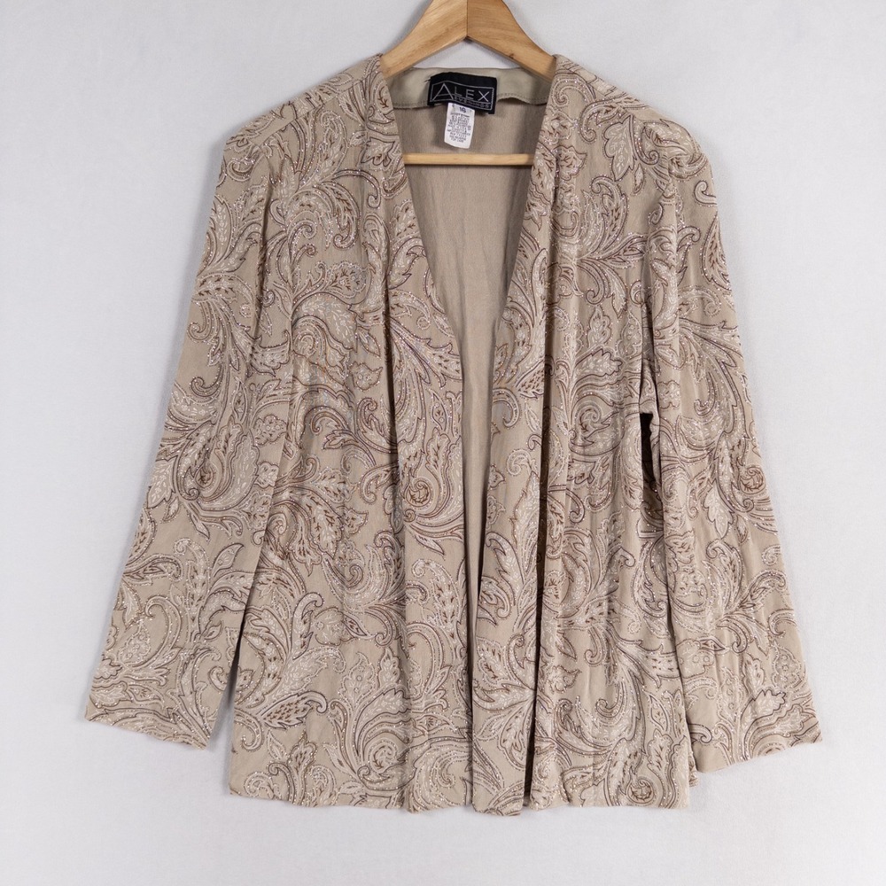 Alex Evenings Jacket Sz 16 Beige Brown Paisley Slinky Knit Shimmery Open Front